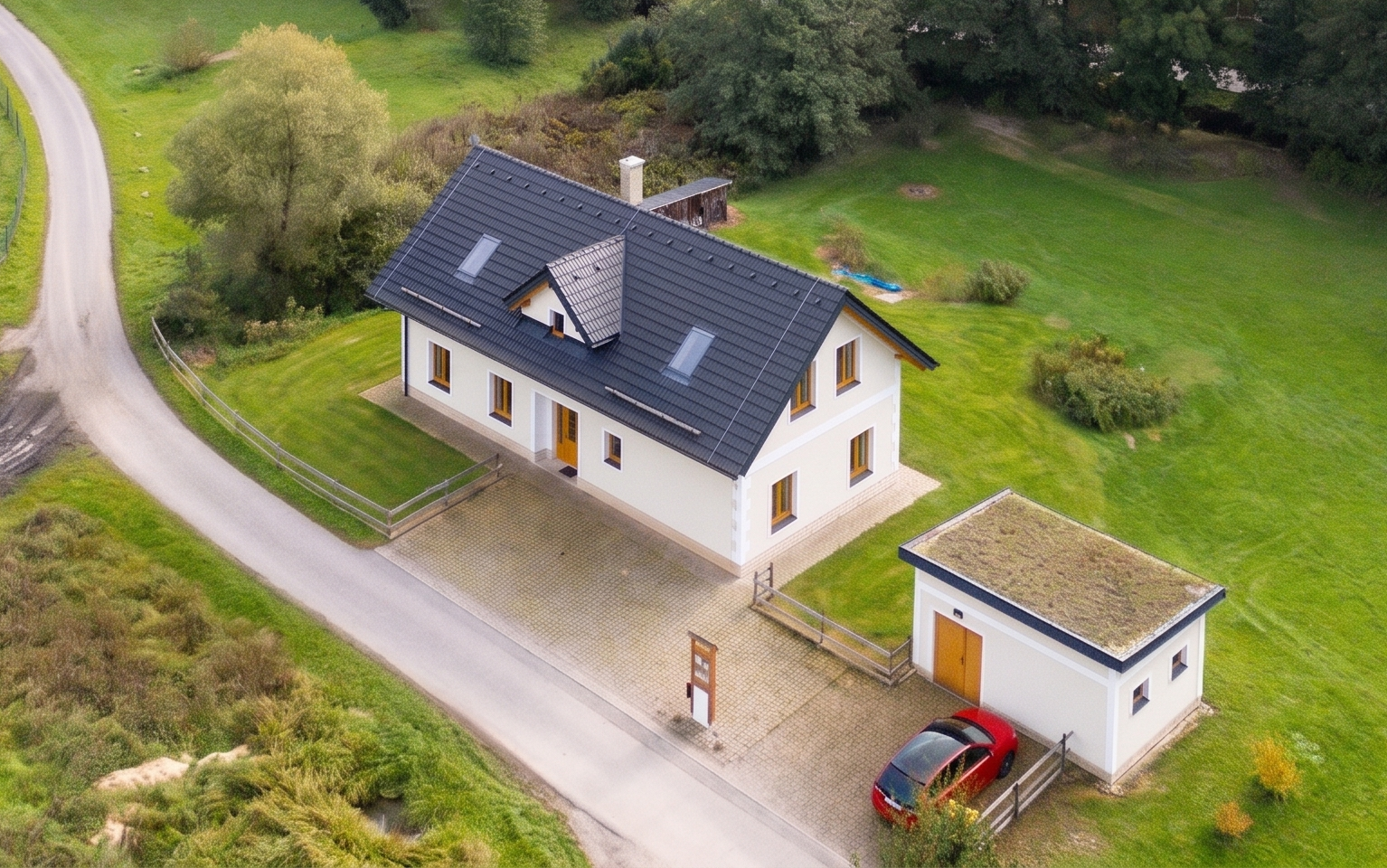 Aerial view of the cottage surroundings
